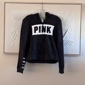 Victoria's Secret Pink Women's Black Full Zip Hoodie Logo SZ M Front Pockets